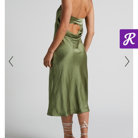 Showpo- CHARLITA MIDI DRESS - STRAPLESS COWL BACK DRESS IN OLIVE - Picture 3 of 3